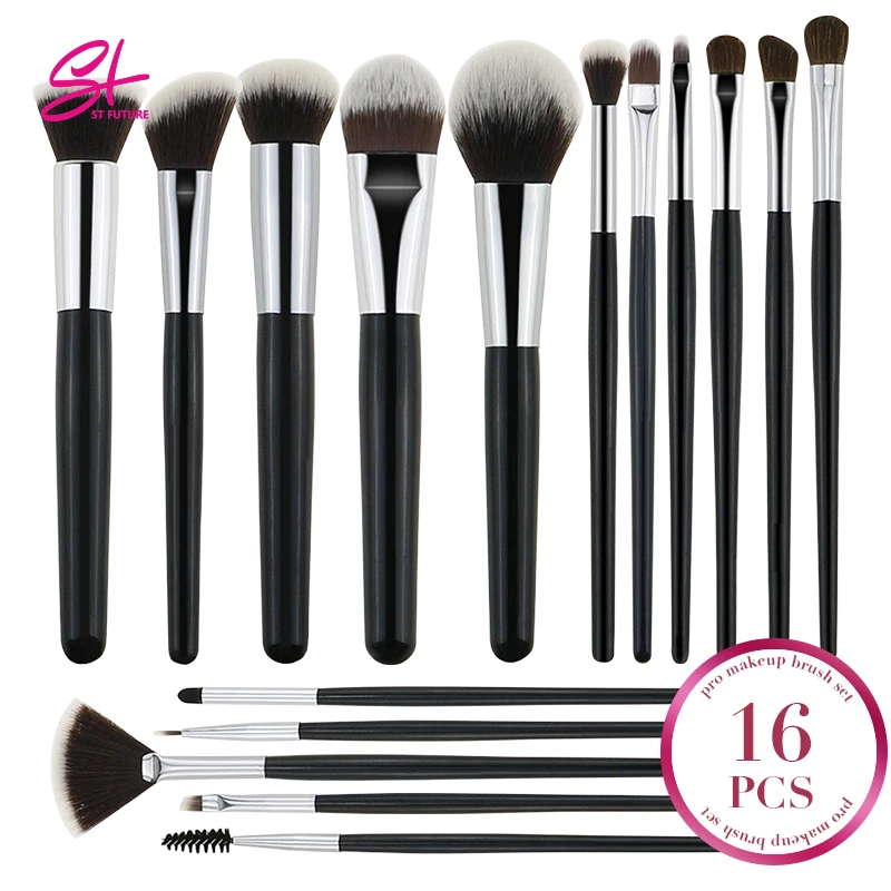 ST FUTURE Custom Logo Professional 16pcs Travel Ladies Makeup Brush Plastic Handle Synthetic Nylon Hair Best Makeup Brush Set