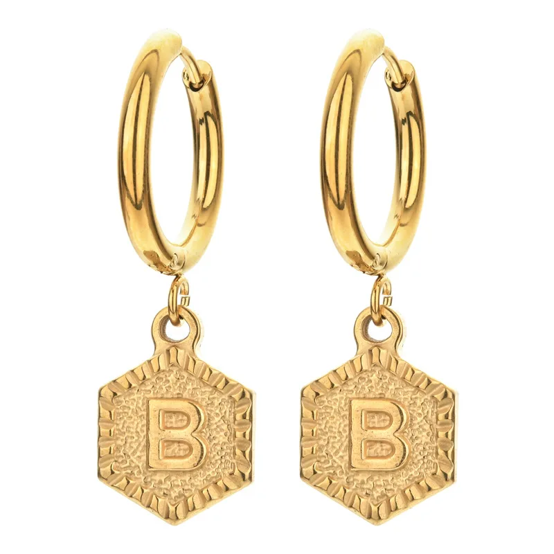 Hongtong A1-135 Stainless Steel Hexagon Minimalist 26 Letter High Quality Women Fashion Jewelry Pendant Earrings
