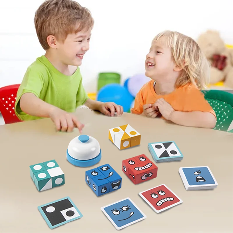 Wooden Expressions Matching Block Puzzles Building Cubes Toy Board Games Educational Montessori Toys Brain Teasers Puzzles Toys
