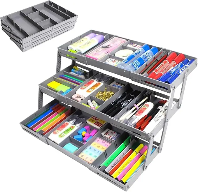 3 Tier Drawer Organizer Expandable Junk Drawer Organizer Multi Level Folding Smart Drawer Organizer for Makeup