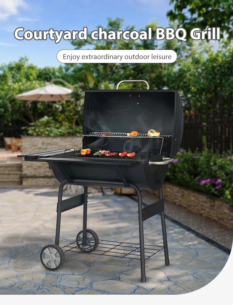 6-10 People Black Powder Coated Outdoor Barbecue Barrel Grills Offset Smoker Charcoal BBQ Grill For Barbeque Trolley BBQ Grill