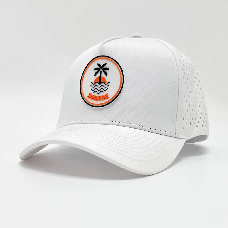 Custom Rubber Pvc Logo 5 Panel Waterproof Laser Cut Performance Golf Hats Quick Dry Sports Baseball Cap Perforated Golf Hat