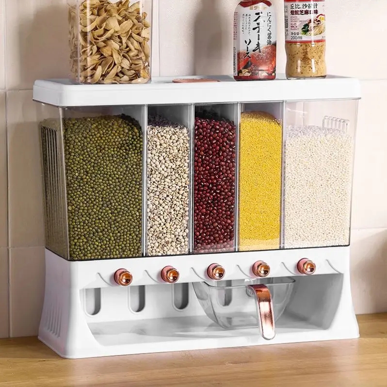 Household 5-girds Dry Food Lentils Dispensers Containers Rice Dispenser Cereal Bucket Wall Mounted Grain Storage Box