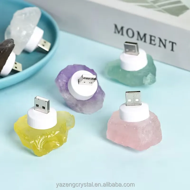 USB Colorful Natural Crystal stone Quartz Block Natural Amethyst Rose quartz night light lamp for Home
