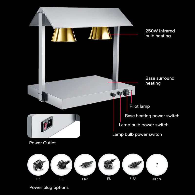 Stainless steel food warming lamp station Infrared food warming lamp Up and down bidirectional heating For buffet Four heads