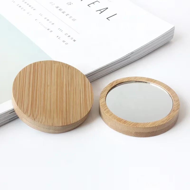 Bamboo Mini Makeup Mirror Hand Mirrors Pure Woman Cosmetic Round Wooden Colour Pocket Glass Personalized Silver Wood 0.05kg