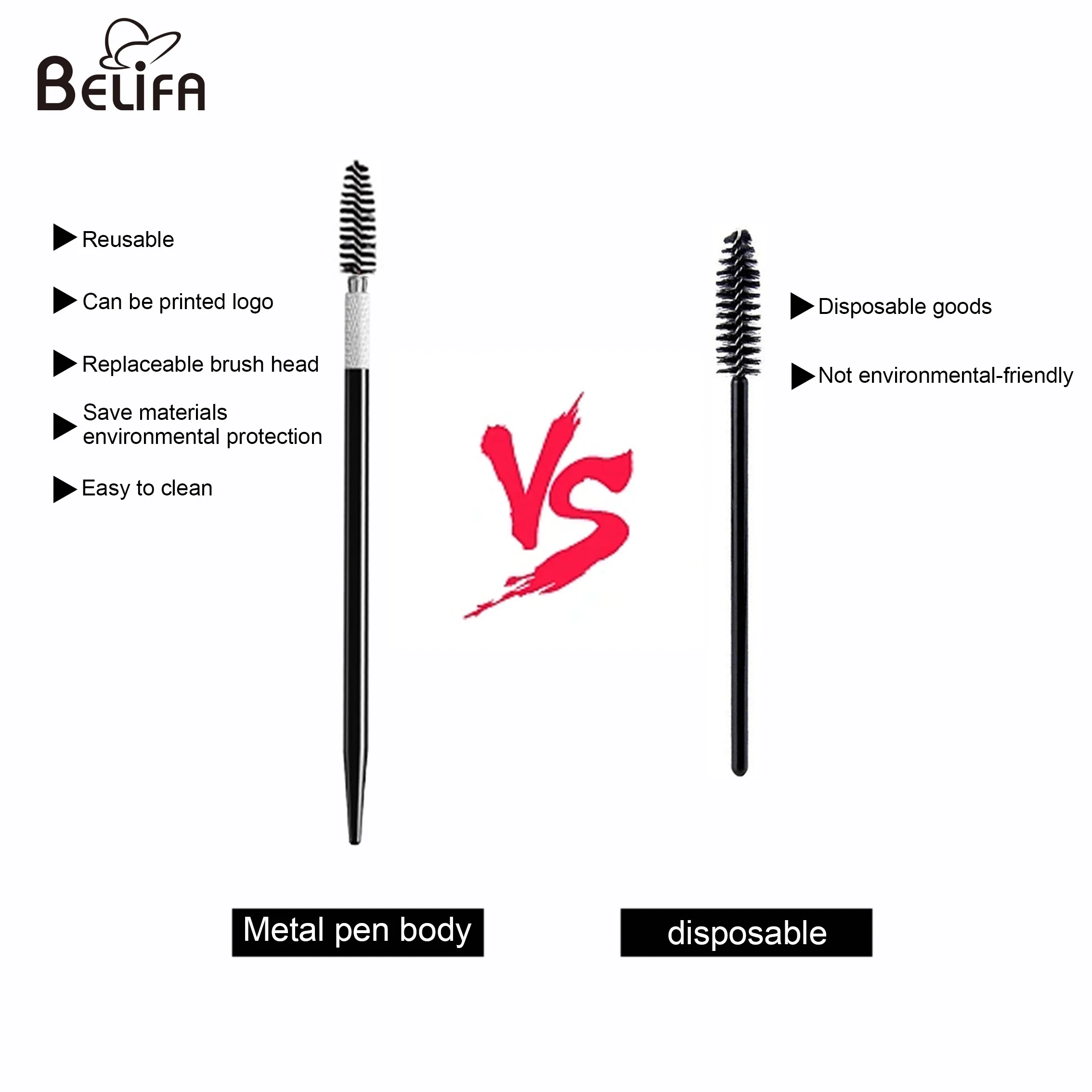 Belifa replaceable disposable mascara  brush head metal handle reusable eyebrow spoolie brush lash extension eyelash brush