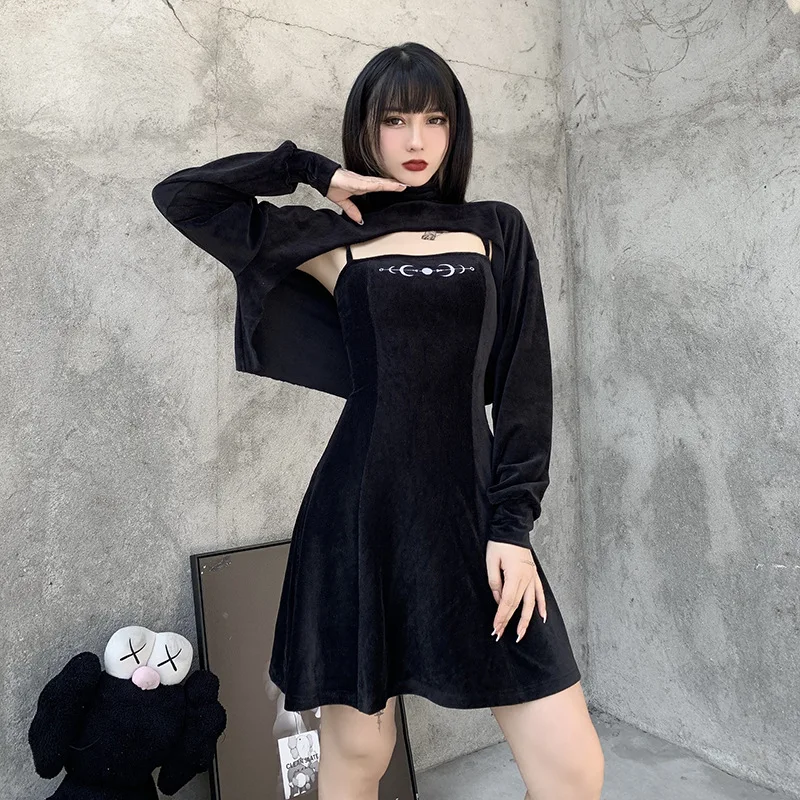 Black Corduroy Two Piece Set Women Clothing Dresses Gothic Mini Ladies Sundresses With Long Sleeve Tops
