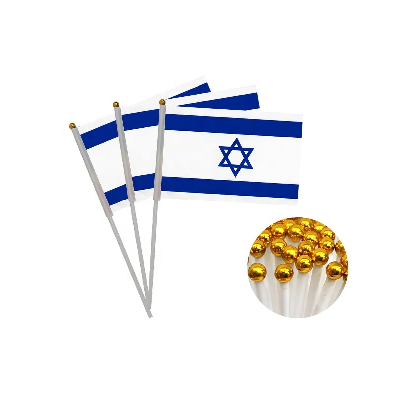 Custom Factory Direct Sales Polyester Israel Mini Outdoor Hand Held Waving National Flag With Plastic Pole Small Plastic Flags