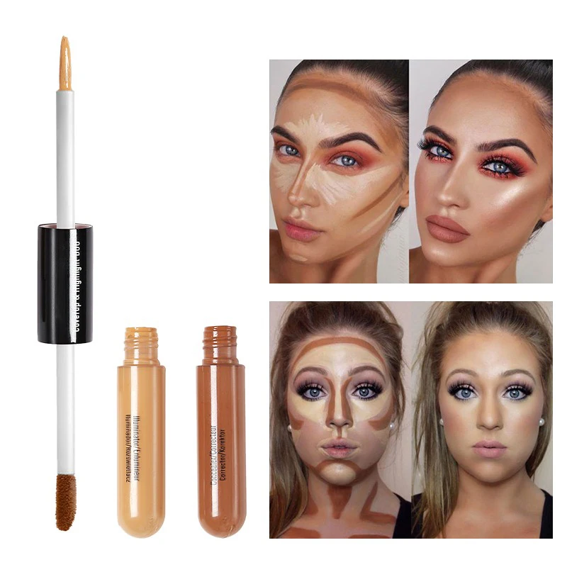 Double Head Brighten Skin Concealer Foundation Bronzer Highlighter Invisible Wrinkles Flaws Face Contour Makeup