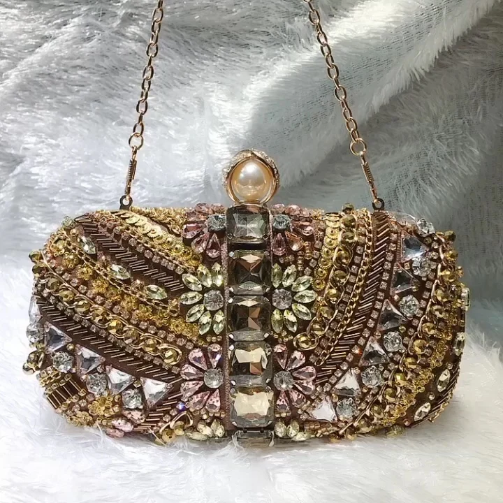 New design handmade crystal bead bag chain sling crossbody purse women diamond embroidery beaded clutch evening bag