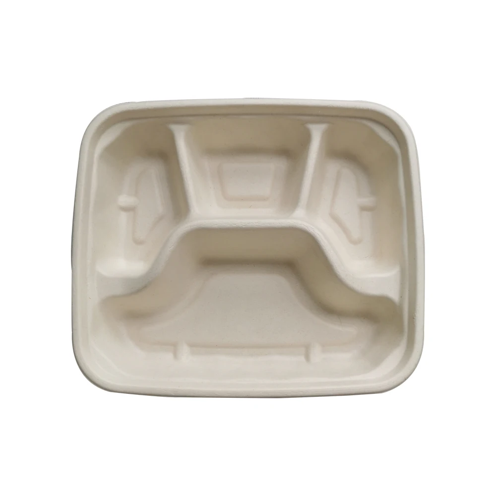 4 Compartment Fast Food Packaging Sugarcane Bagasse Pulp Compostable Biodegradable Disposable Bagasse Plate Tray
