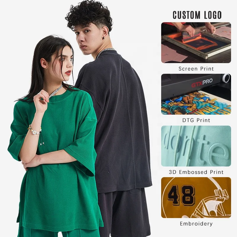 Boxy Polyester Unisex Waffle Knit Tshirt Fit Men's T Shirt Heavy Thick Collar Tee High Quality Jersey Cotton Blank 260gsm