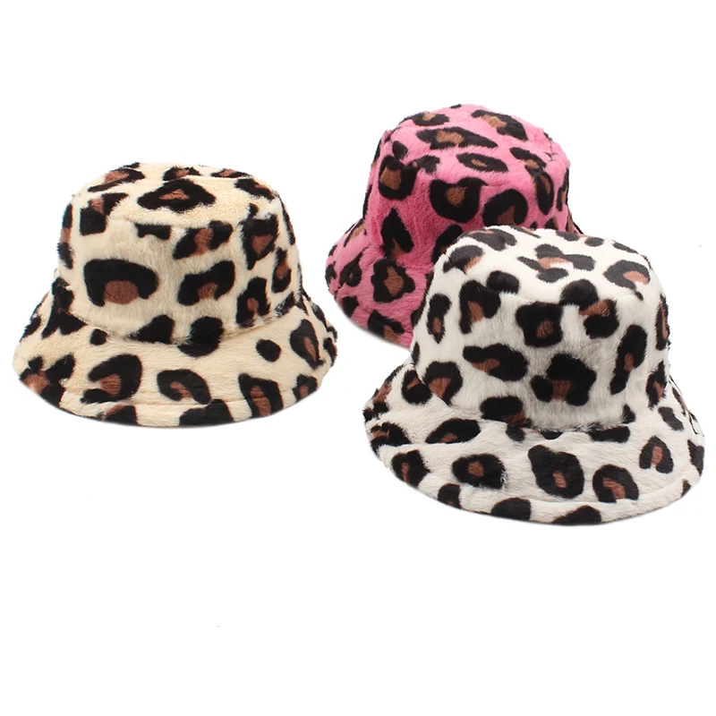 Low MOQ winter printed leopard pattern furry bucket hat artificial colorful fur casual bucket hat for women