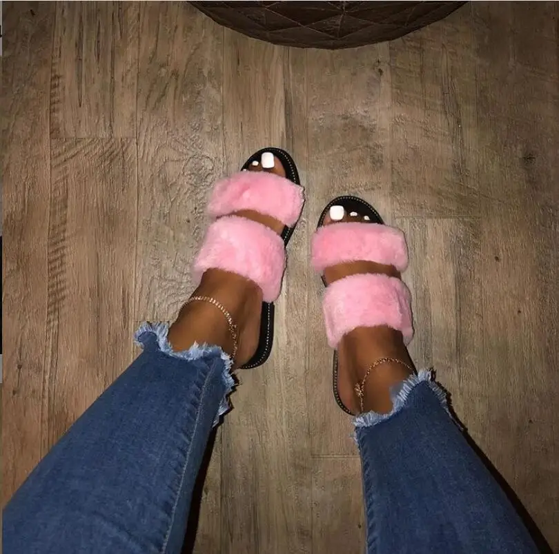 Новинка лета 2020, меховые тапочки, сандалии, Милая сексуальная женская обувь на плоской подошве