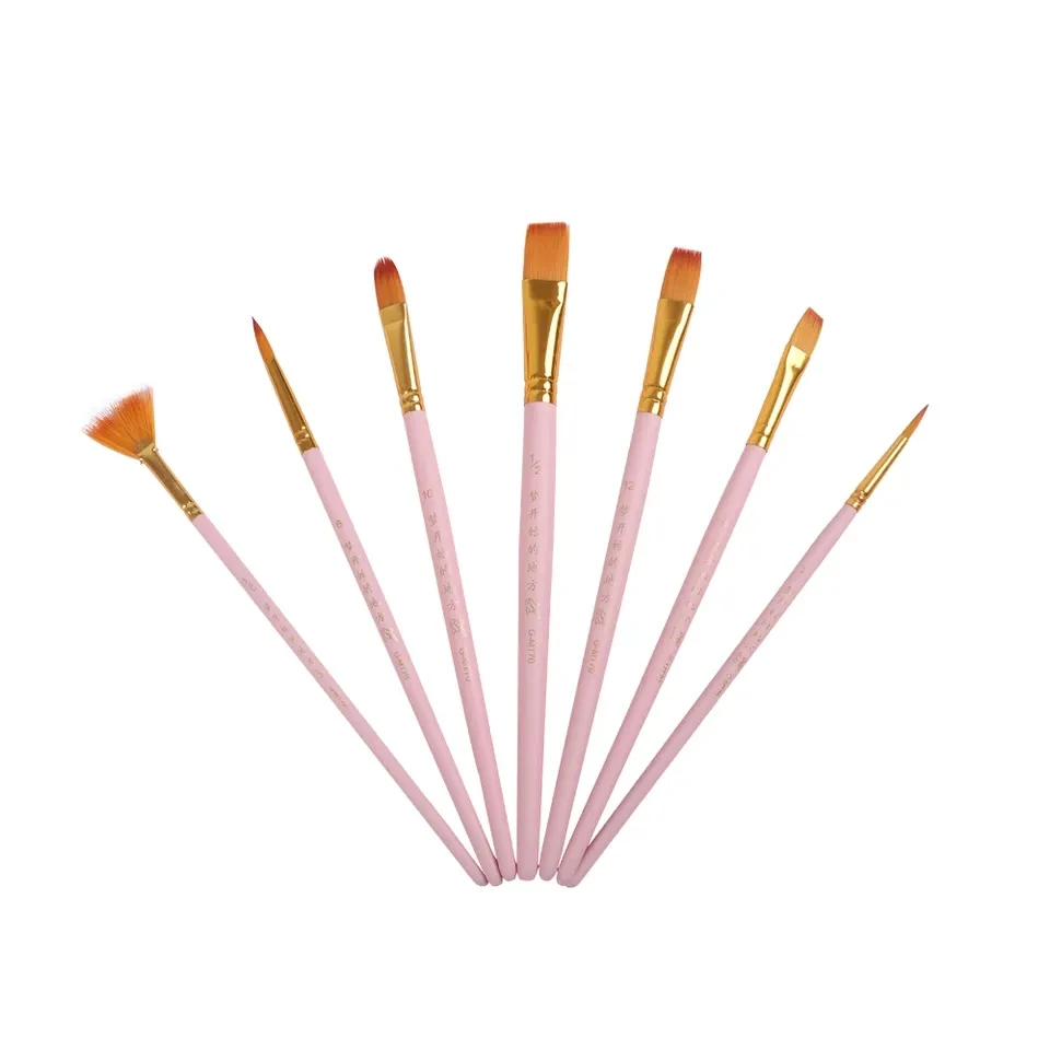 Haihui hot sale high quality 7 wooden handle artist brush set wholesale light pink acrylic paintbrush