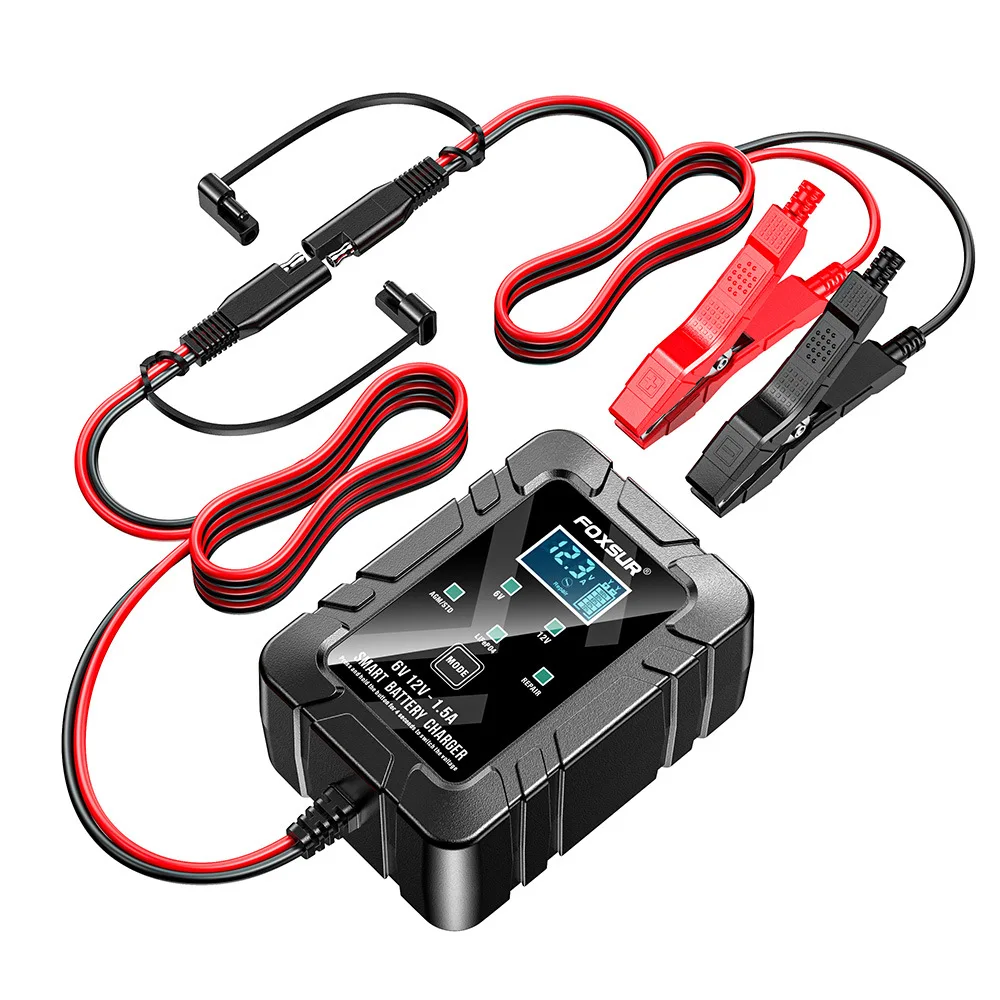 FOXSUR 1.5A Car 12V 6V Motorcycle Battery Charger for Lead-acid Lithium Iron Battery Charger