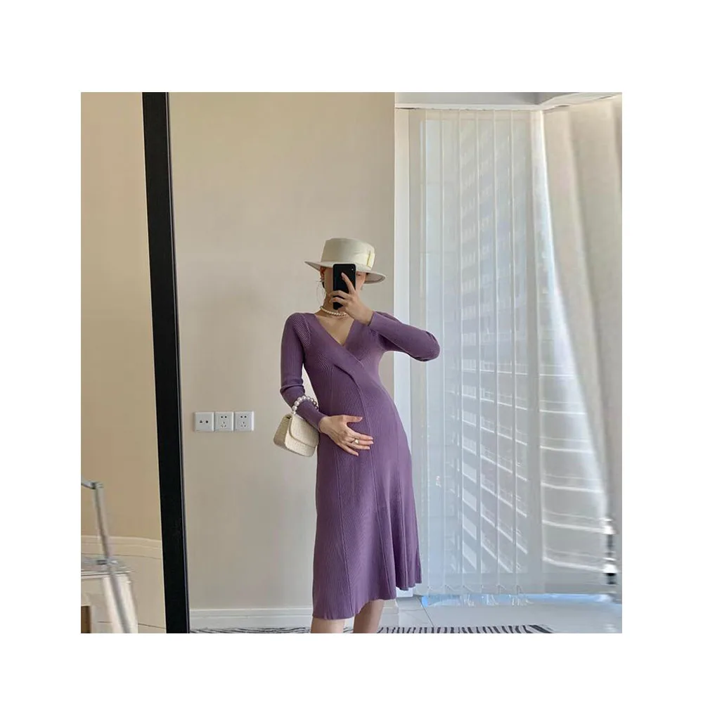 Custom Elegant Casual Autumn Women Knitwear Maternity Casual Dress Ladies Long Sleeve Dress
