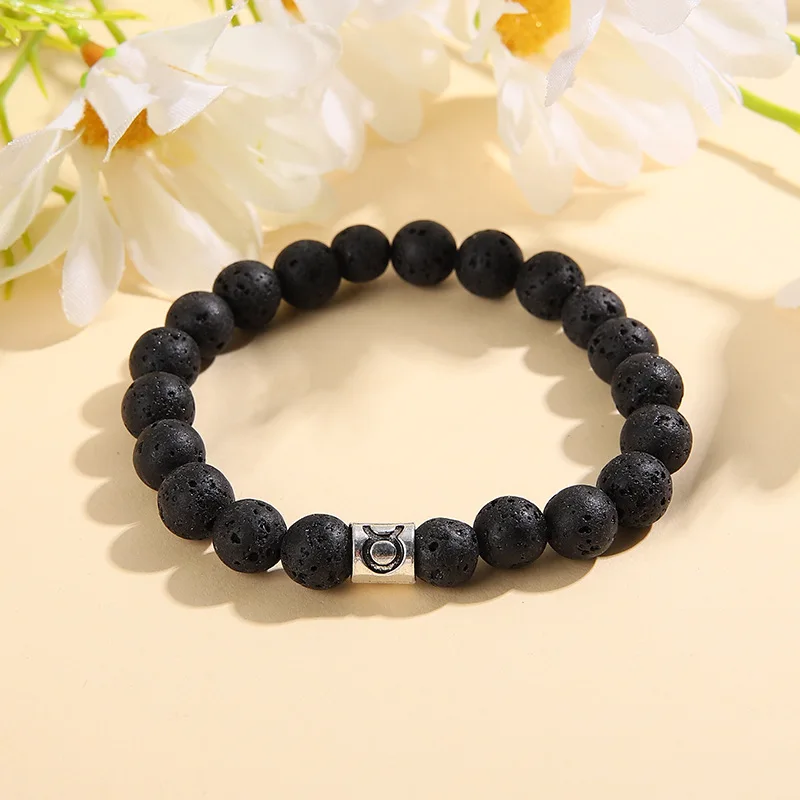 Mens Black Natural Volcanic Lava Gemstone Bracelet 8mm Natural Stone Beads Bracelet 12 Zodiac Black Obsidian Bracelet