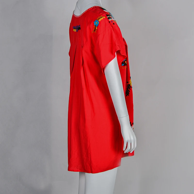 Mexican Embroidered Women Dress Flower Design Red Joyous Skirt Vintage Clothes ST0159 Casual Dresses Plus Size Short Sleeve