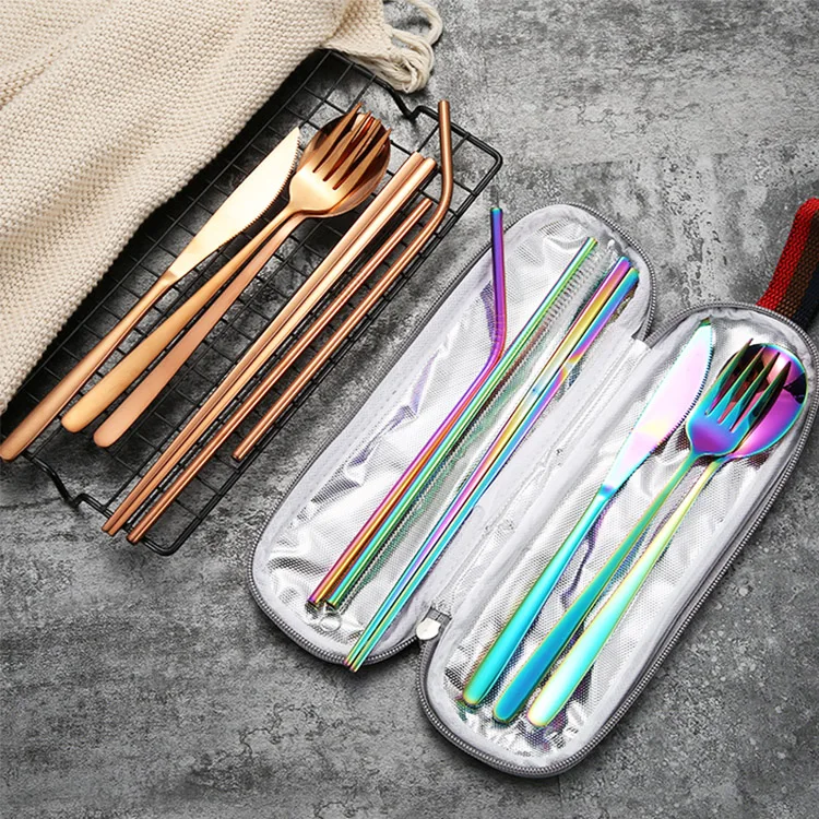 Brilliant Custom Elegant Metal Stainless Steel Spoon And Fork Flatware Sets Table Cutlery Straw Gift Set