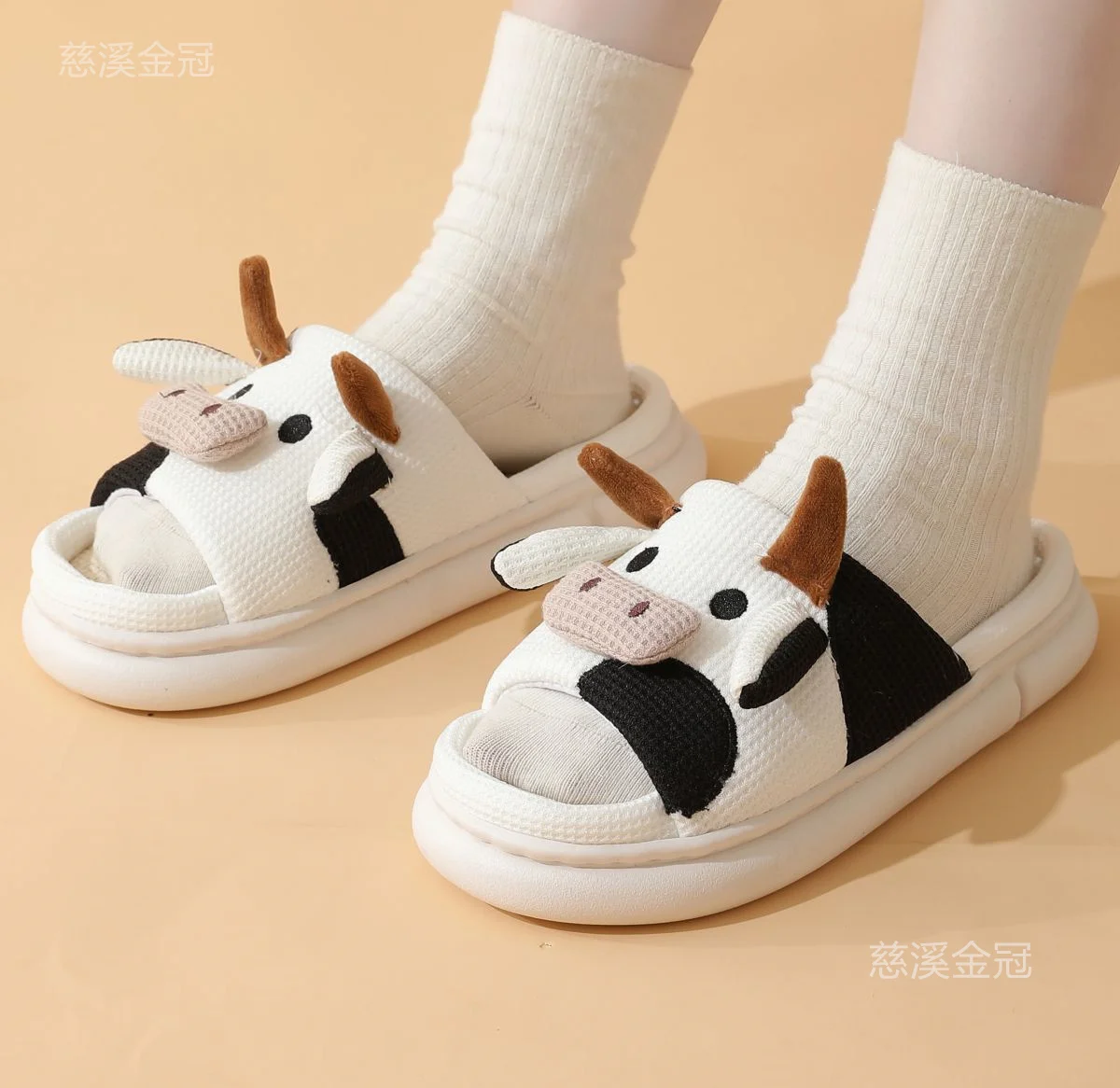 Cow Cotton Slides Slippers Cartoon Animal Shape Shoes Women Four Seasons Home Linen Slippers