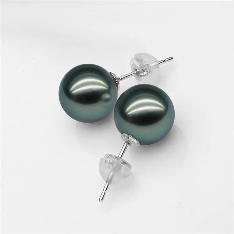 8-10mm AAA Grade 14K 18K White Yellow Gold Natural Real Genuine Black Seawater Tahitian Tahiti Pearl Stud Earrings