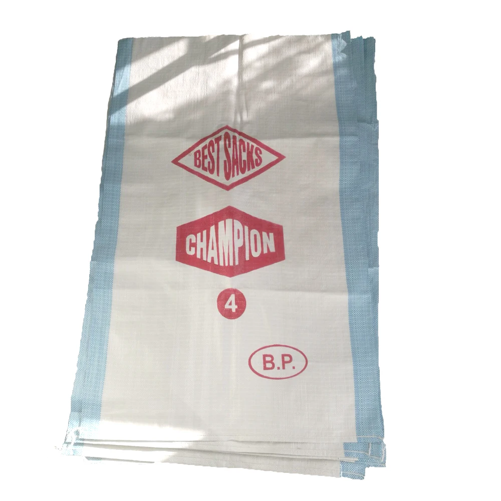 Stock Promotion 50kg plastic grain rice flour white bag with bue strip 100% new virgin material plain pp woven feed bag/sack