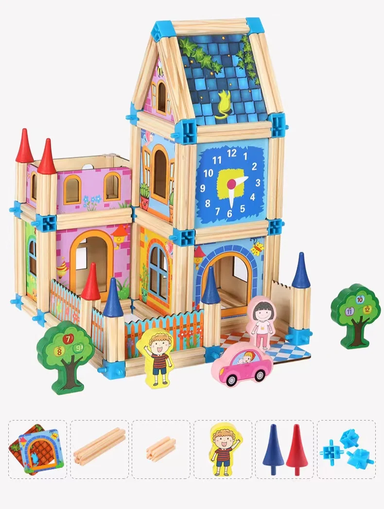 House Building Block Sets 3D Jigsaw Puzzles Educational Toys Hot Sale Wooden for Kids Color Box Wood Unisex Colorful HUIFENG