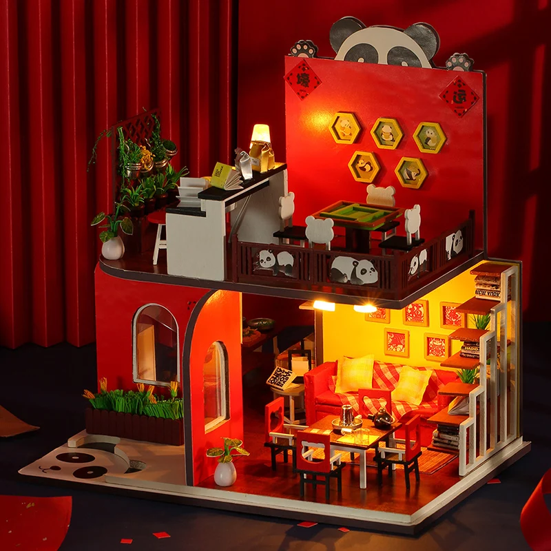 2020 New Year Gift Chinese Panda DIY Dollhouse Miniature with Chair and Desk