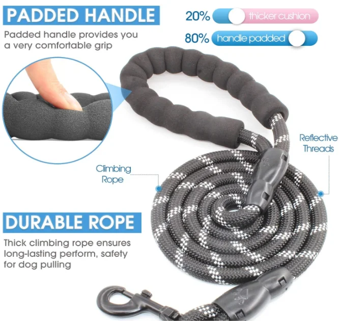 Large Running Reflective Strong Dog Leash with Comfortable Padded Handle Nylon Rope Pet Dog Leash