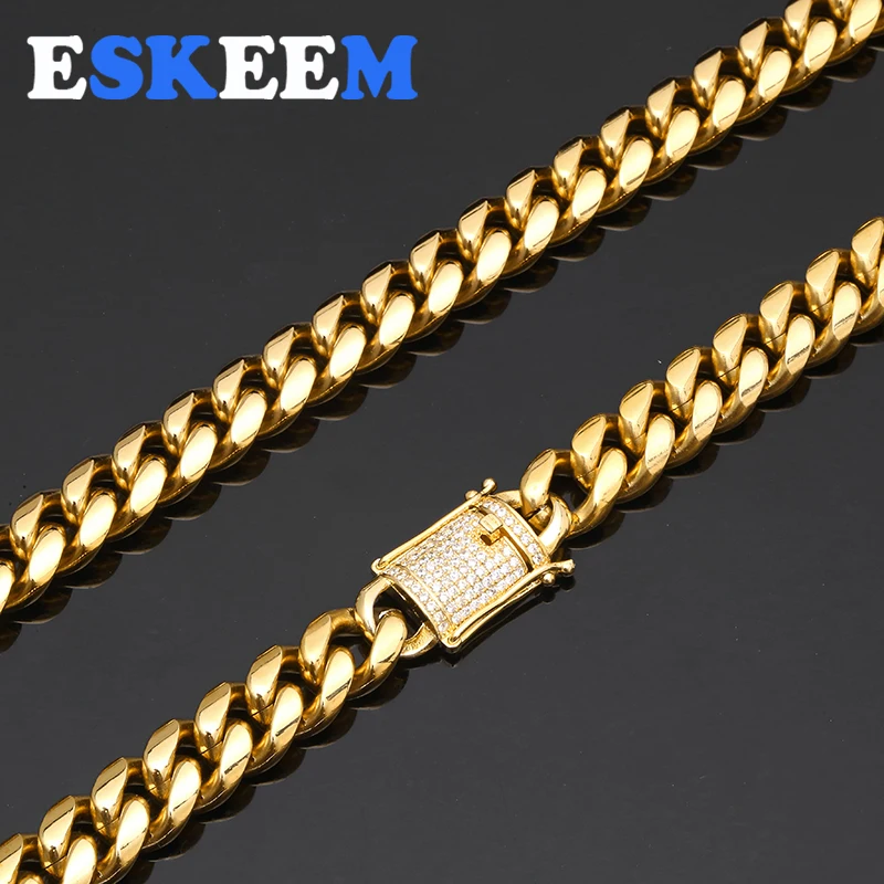 Diamond Clasp 10/12MM Hip Hop Jewelry 14k 18k Gold Miami Cuban Necklace Stainless Steel Cuban Link Chain