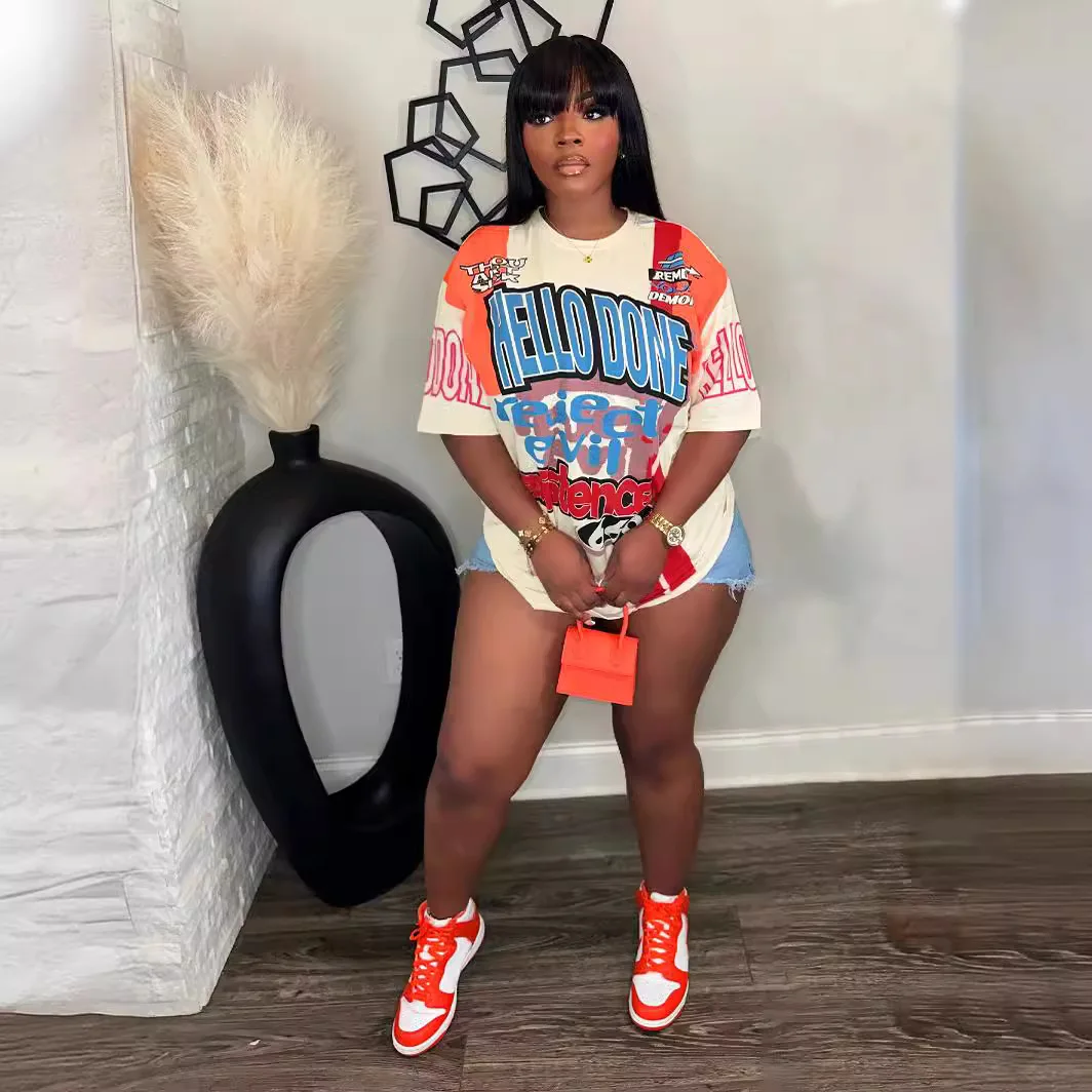 OJW090555 New design Modal Fabric graphic T Shirts Women Plus Size pink Cut Open Shirt made in China