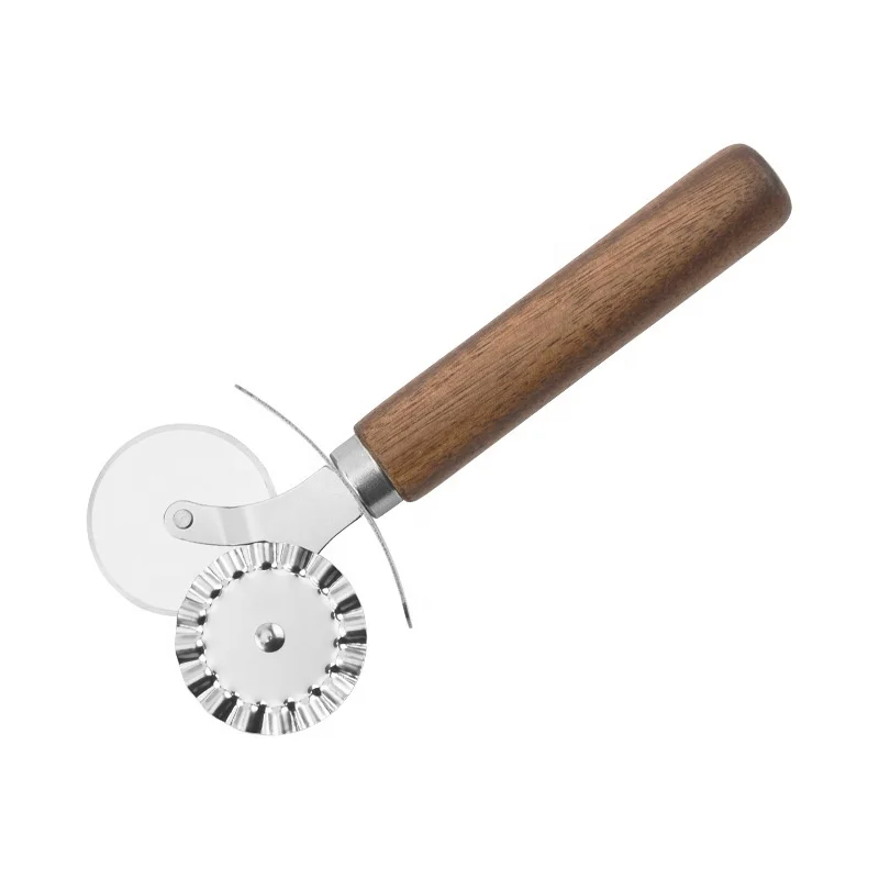 Oak Acacia SS Cake Cutter Non-stick Beech Metal Wheeling Baking Cutter Wooden Handle Stainless Steel Double Wheels PIzza Cutter
