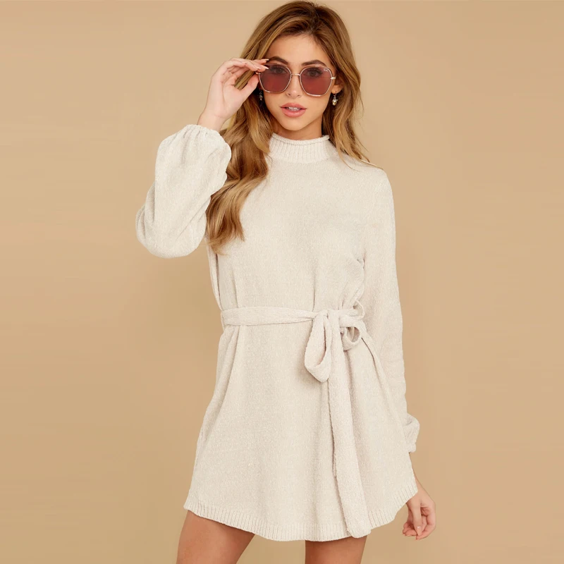 Knitted manufacturers wholesale sweater women clothing high neck luxury white sweater dress