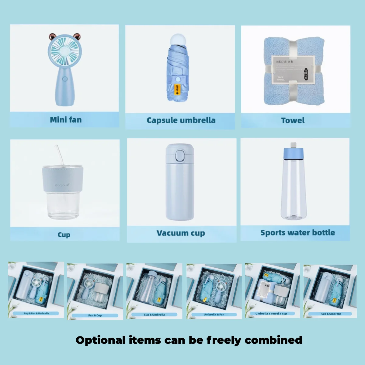 Winnel Gadgets 2023 New Idea Custom Logo Printing Fan Water Bottle Towel and Umbrella Luxury Business Gift Set for Men and Women