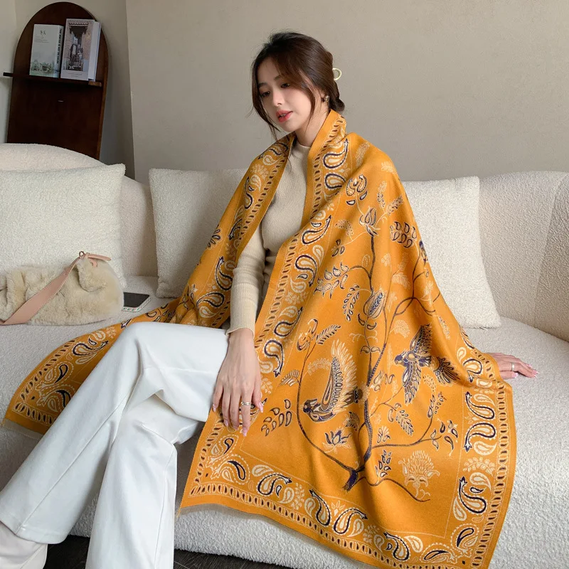 Zandy OEM&ODM winter shawl ethnic style imitation cashmere scarf for women Blue Bird Cashew Nut Warm Scarf