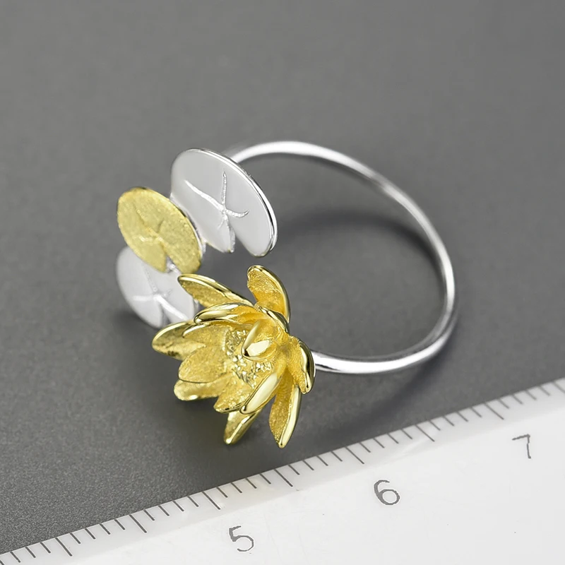 Trendy Jewelry 2023 Gold Plated Water Lily Flower Adjustable Rings Sterling Silver For Women