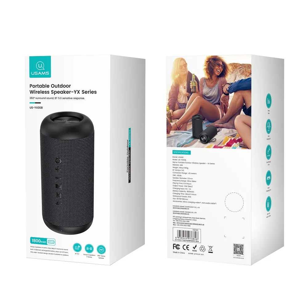 USAMS IPX6 Waterproof Built-in Battery Surround Sound BT 5.0 Portable Outdoor Wireless Speaker