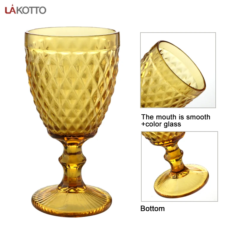 Color Embossed Engraved Glass Wine Drinking Goblet European Style Vintage-inspired Pattern light amber water goblets
