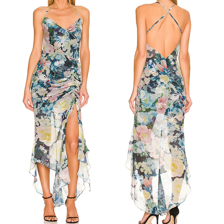 Women Long Dress Fashion Summer 2023 Lady Elegant Backless Dress Printed Floral Flowy Maxi Dress