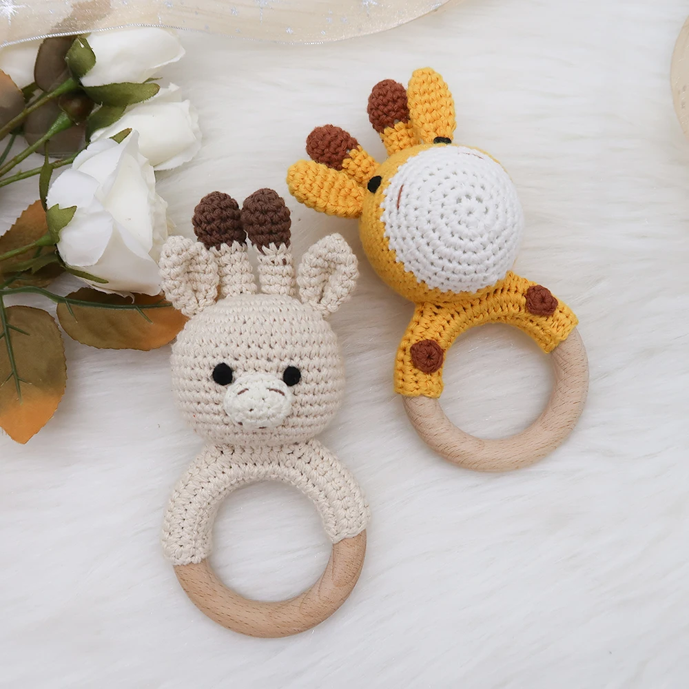 New Custom Beech Wood Handmade Rattle Teether Baby Crochet Toys