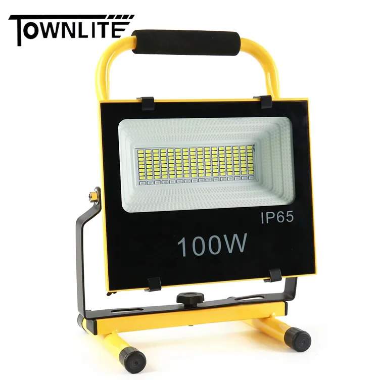 Solar powered camping work lighting lamp portable handle waterproof flood light led outdoor 3000Lm SMD 100W 200W rechargeable