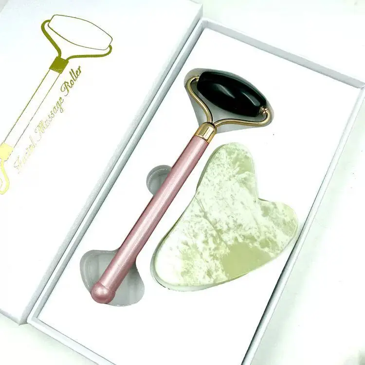 Green Rollerade Scraping Guasha Board Natural Stone Massage Face Rose Quartz Gua Sha Jade Roller Set