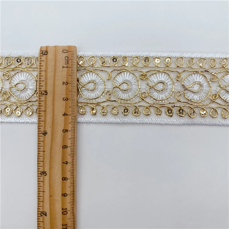 Mesh Sequin Embroidery Lace Stock supply of hollowed-up garment accessories Wholesale Gold Thread embroidery bar code lace