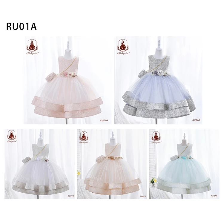 Outong Ready-Made Jacquard Fabric Ball Gown Princess Dress Infant Formal Birthday Baptism Party Kids Flower Girl Dresses 5-9Year
