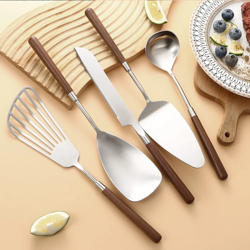 Popular Wood Handle Matt Cooking Gadgets Spatula Ladle Stainless Steel Kitchen Appliances And Utensils