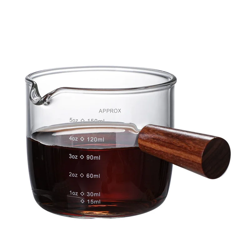 One Spouts Measuring Triple Pitcher Milk Cup with Wood Handle 40ML 75ML 150ml Espresso Shot Glasses Parts Clear Glass dispenser