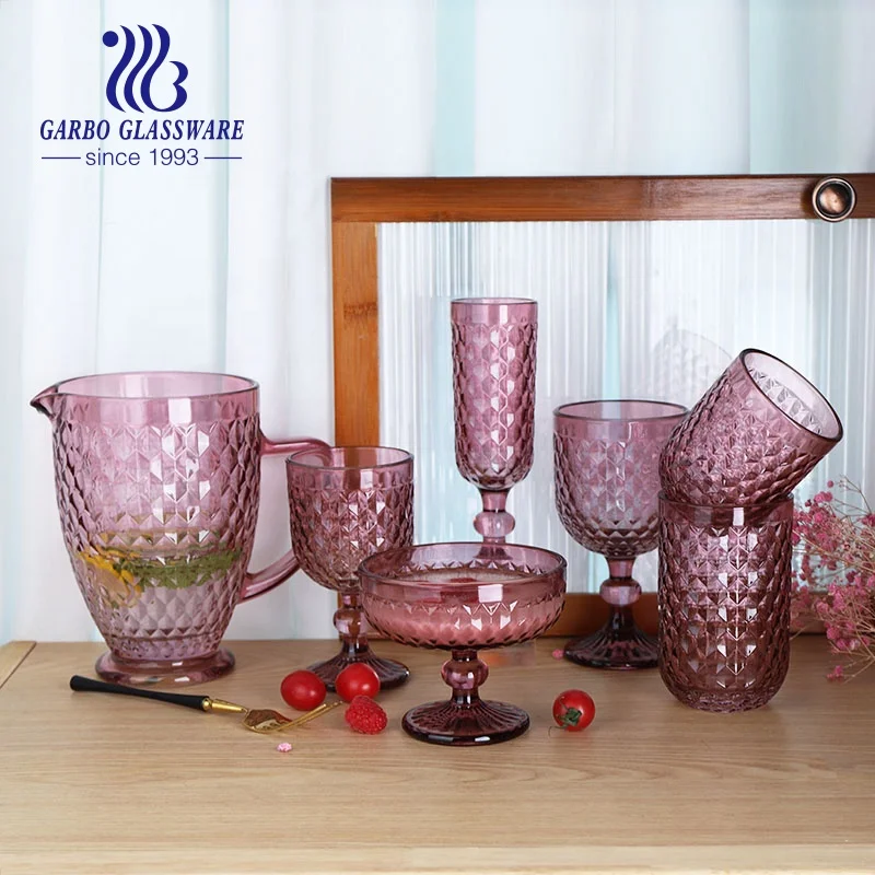 New Arrival Highball Drinking Glasses set of 6 Colored Glass cups Embossed with Diamond Pattern Solid Color Vintage Glass Set