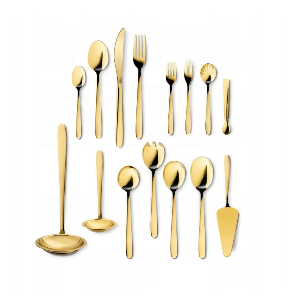 Hotel 36 Pieces 18/10 Stainless Steel Mirror Cutlery sztuccow round spoon fork gold stamped logo flatware set
